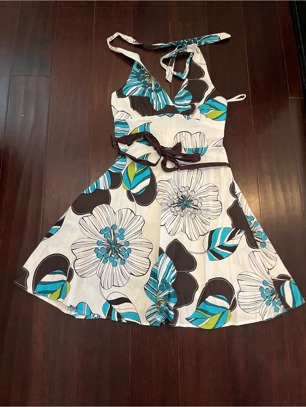 Sleeveless Floral A-Line Dress in Teal & White